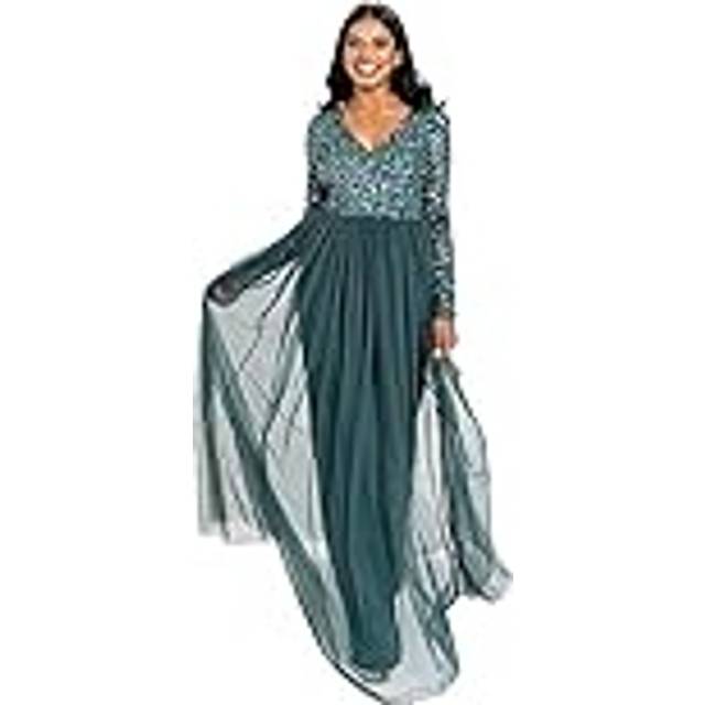 V Neck Embellished Long Sleeve Maxi Dress - Emerald - 14