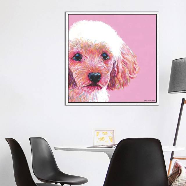 Poodle on Pink, Square by Kirstin Wood - Painting Print on Canvas - White Framed (93.98 cm H x 93.98 cm W)