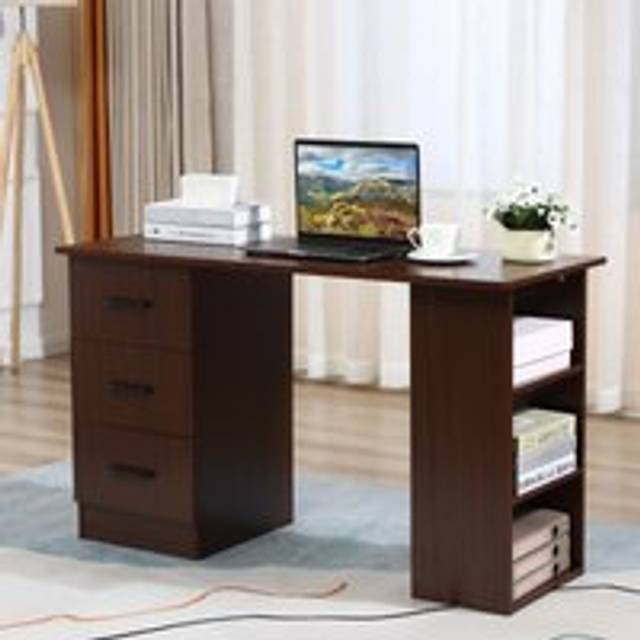 Homcom 120cm Computer Desk With Storage Shelves Drawers, Writing Table Study Workstation For Home Office, Walnut Brown