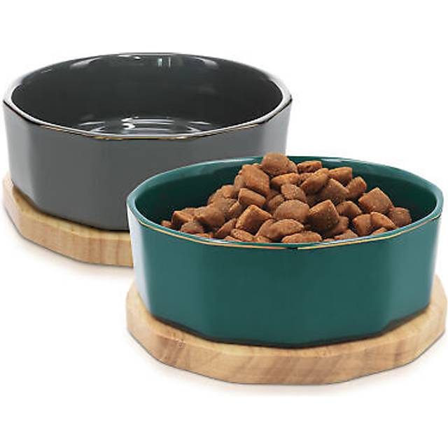 Navaris Ceramic Dog Bowl - Set of 2 800ml Water or Food Bowls for Pet Dogs and Cats with Non Slip Oak Wood Underlay - Ceramic Bowls - Grey, Petro