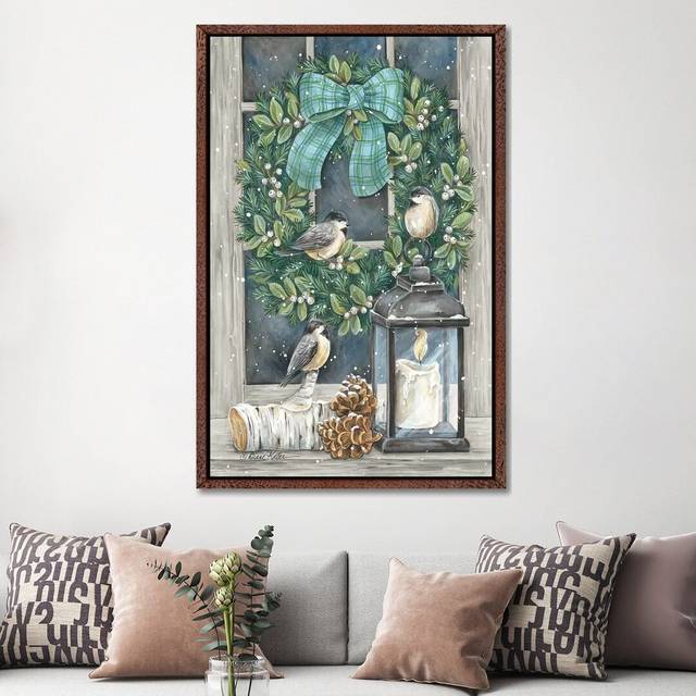 Winter Wreath by Diane Kater - Graphic Art Print on Canvas - Classic Brown Wood Framed (152.4cm H x 101.6cm W x 3.81cm D)