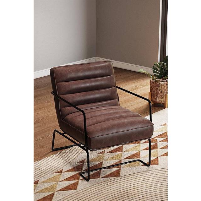 Mid-Century PU Leather Striped Leisure Armchair with Metal Base - Brown - One Size