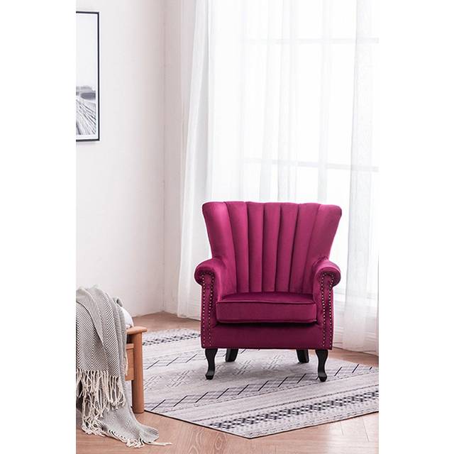 Vintage Velvet Wing Back Armchair with Studs - Red - One Size