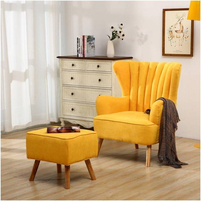 Yellow Brushed Fabric Stripe Curved Backrest Armchair with Footstool & Cushion - One Size