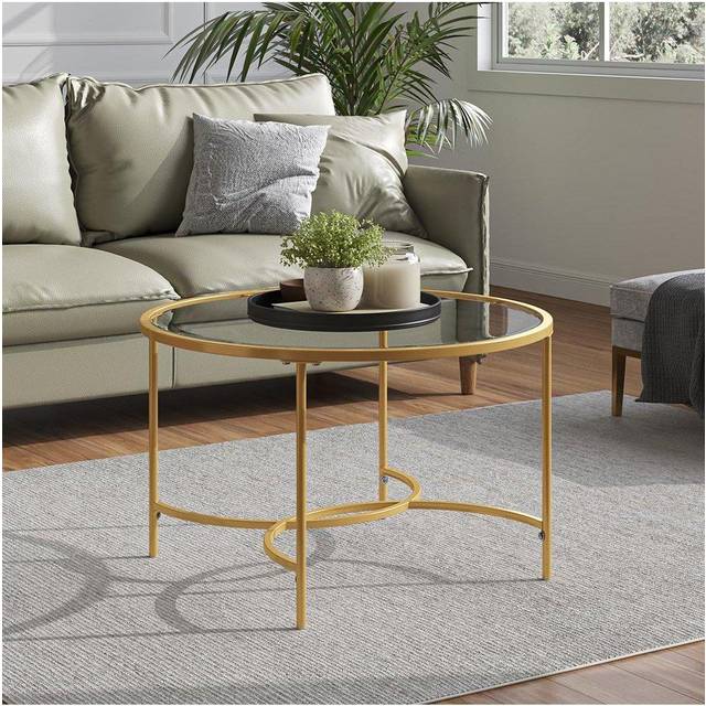 Living and Home Gold Modern Round Tempered Glass Coffee Table for Living Room - One Size