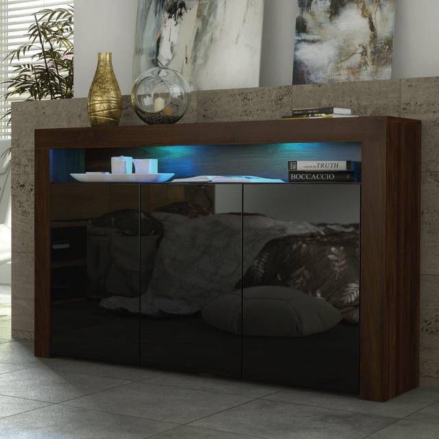 Aether 155cm Sideboard LED Walnut & Black Gloss Doors