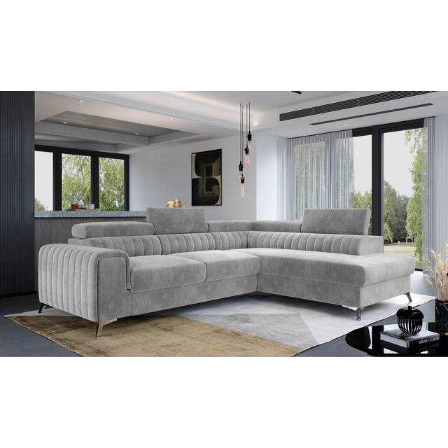 Aimantas Corner Sofa Bed - Light Grey Velvet (98cm H X 275cm W X 205cm D)