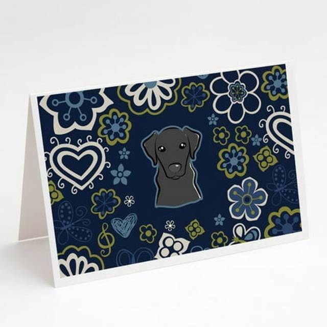 Blue Flowers Black Labrador Greeting Cards and Envelopes Pack of 8