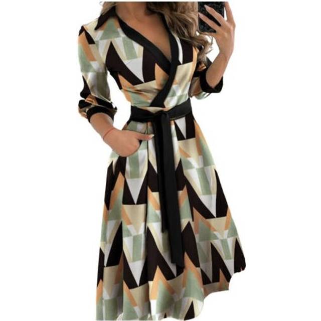 (Argyle, XL=UK SIZE14) Womens Long Sleeve V Neck Midi Dress Ladies Lace Up Belted Solid Shirt Dresses