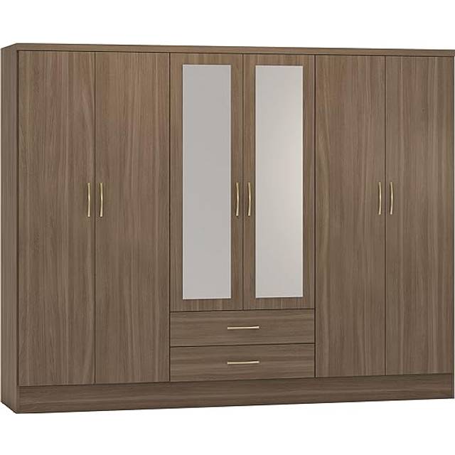 Nevada 6 Door 2 Drawer Mirrored Wardrobe - Rustic Oak - Brown