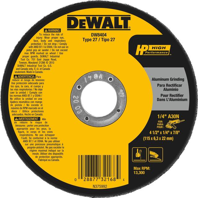 DEWALT DW8404 4-1/2-Inch by 1/4-Inch by 7/8-Inch Aluminum Grinding Wheel
