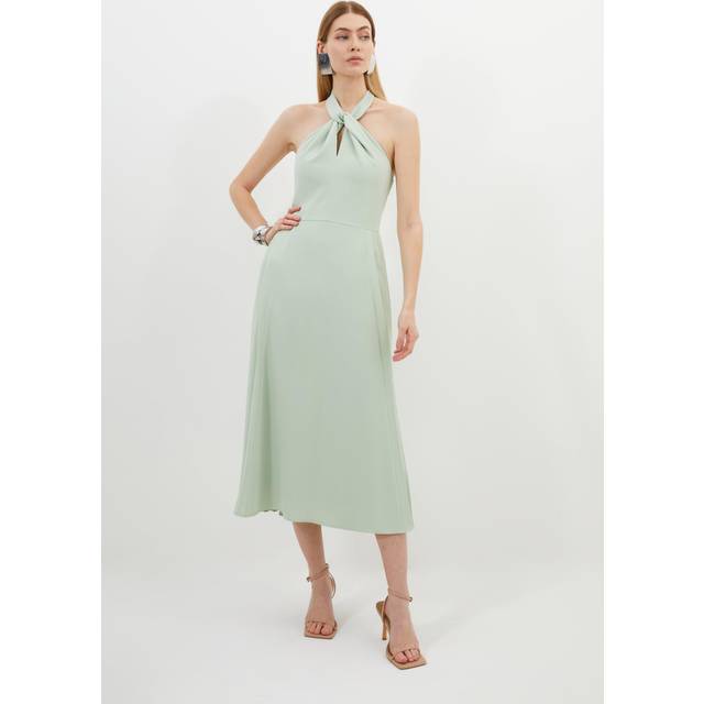 Petite Soft Tailored Halter Tie Neck Pleat Detail Midi Dress - Sage