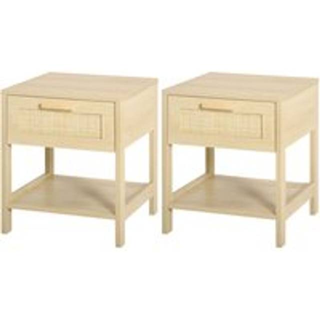 Homcom Nightstand With Rattan Drawer And Storage Shelf, Bedside End Table, Set Of 2
