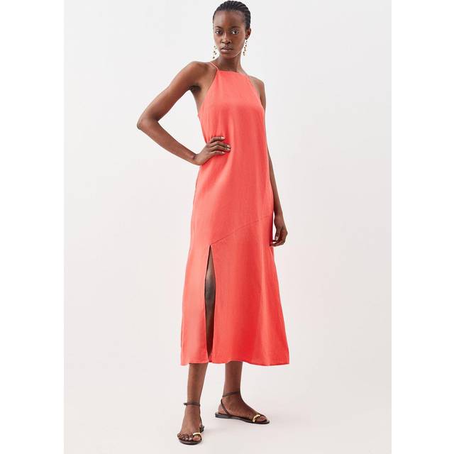 Tailored Linen Slit Detail Strappy Maxi Dress - Pink