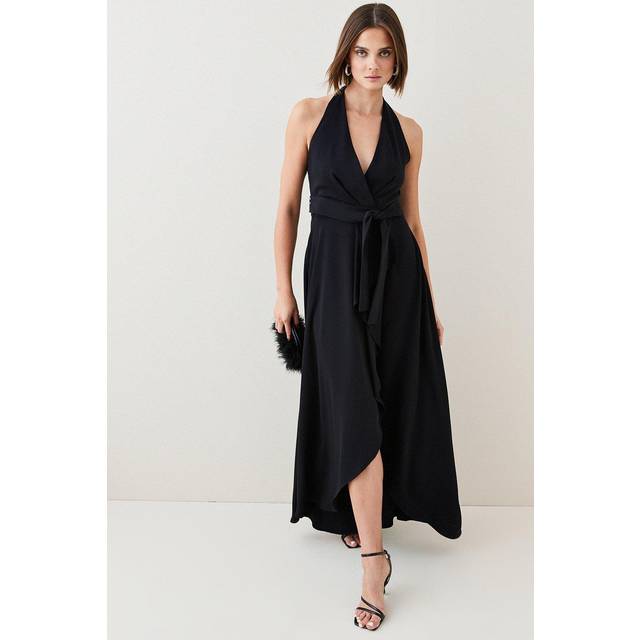 Soft Tailored Waterfall Halter Maxi Dress - Black