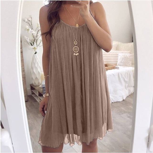 (Khaki, Tag Size M=UK Size 8) Womens Sleeveless Chiffon Strappy Mini Dress Ladies Casual Loose Solid Sundress