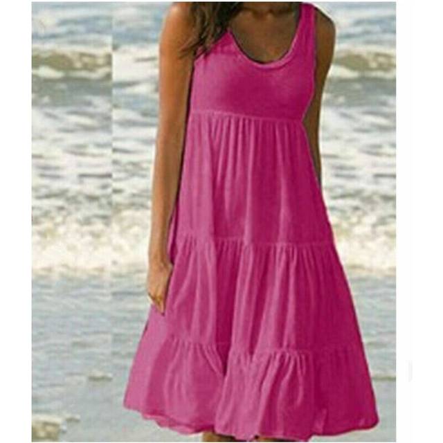 (Rose Red, XL UK SIZE 16) Womens Summer Smock Dress Ladies Holiday Beach Casual Loose Frill Mini Sundress