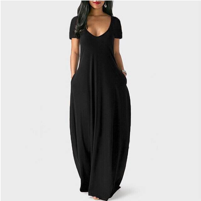 (Black, 5XL=UK SIZE 22) Plus Size Womens Short Sleeve V Neck Maxi Dress Ladies Casual Solid Pocket Dress