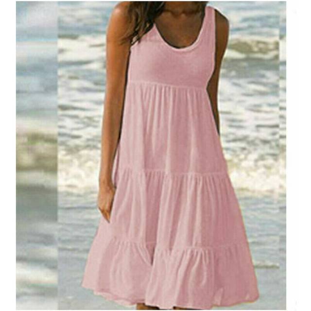 (Pink, 5XL UK SIZE 24) Womens Summer Smock Dress Ladies Holiday Beach Casual Loose Frill Mini Sundress