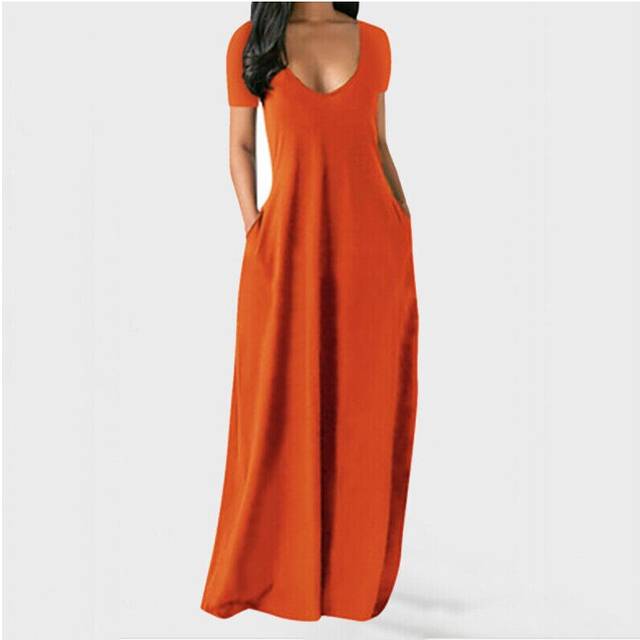 (Light Red, 3XL=UK SIZE 18) Plus Size Womens Short Sleeve V Neck Maxi Dress Ladies Casual Solid Pocket Dress