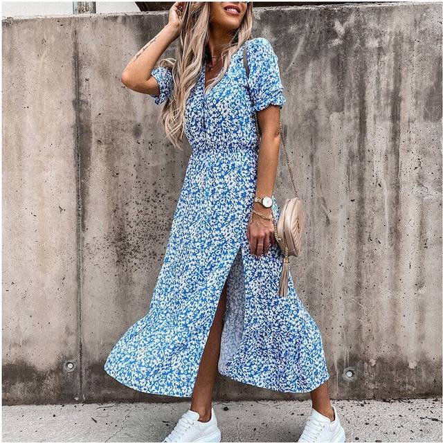 (Blue, S=UK Size 8-10) Boho Womens V-Neck Floral Midi Dress Summer Short Sleeve Beach Party Sundress