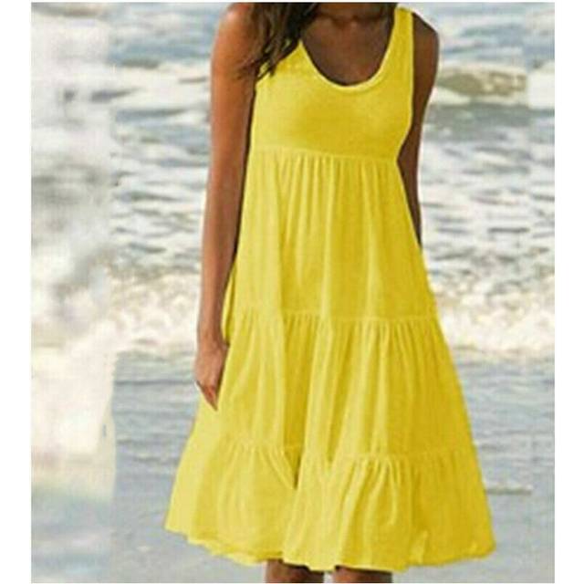(Yellow, XXL UK SIZE 18) Womens Summer Smock Dress Ladies Holiday Beach Casual Loose Frill Mini Sundress