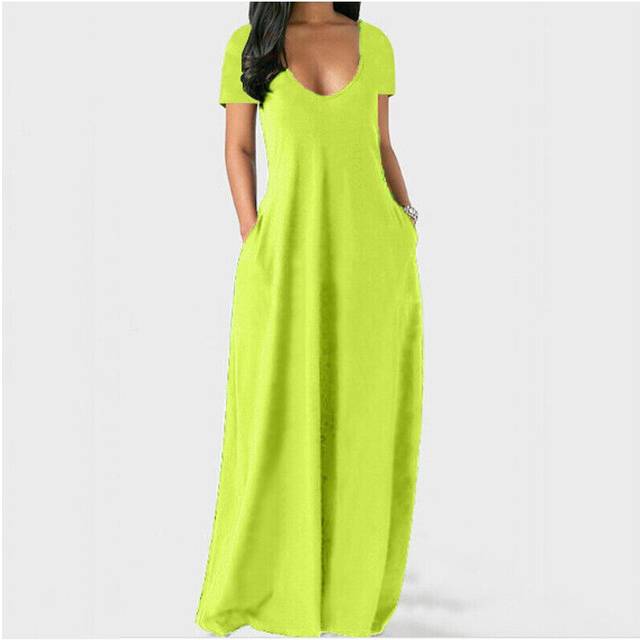 (Fluorescent Green, 5XL=UK SIZE 22) Plus Size Womens Short Sleeve V Neck Maxi Dress Ladies Casual Solid Pocket Dress