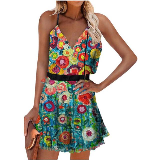 (6, XL UK SIZE 14) Womens BOHO Summer Beach Mini Dress Ladies Holiday Strappy Sexy Cami Sundress
