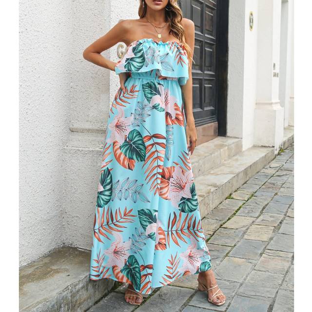 (blue, s) Women's Boho Floral Print Off Shoulder Long A Line Dress