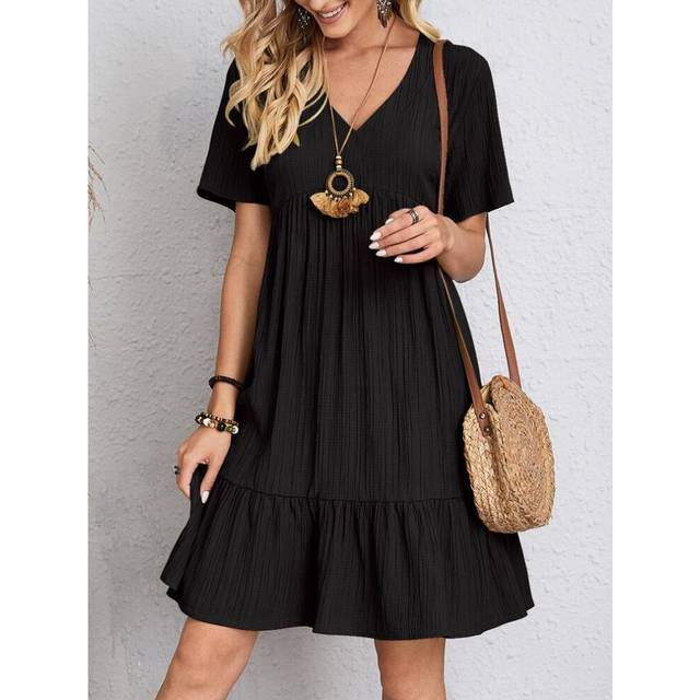 (Black, Tag Size L=UK Size 14) Womens Short Sleeve V Neck Mini Dress Ladies Pleated Ruffle Baggy Solid Dresses