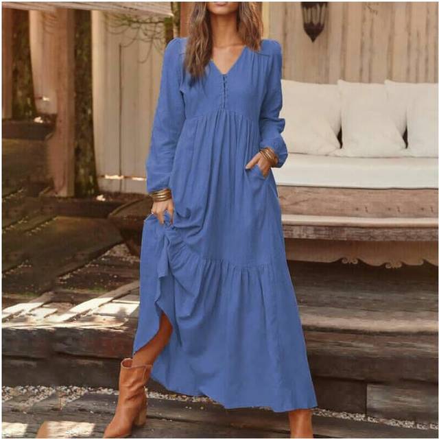 (Navy Blue, XL) Women Casual Cotton Linen Long Sleeve Ladies Loose Swing Solid Button Maxi Dress