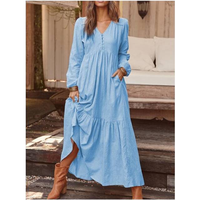(Light Blue, L) Women Casual Cotton Linen Long Sleeve Ladies Loose Swing Solid Button Maxi Dress