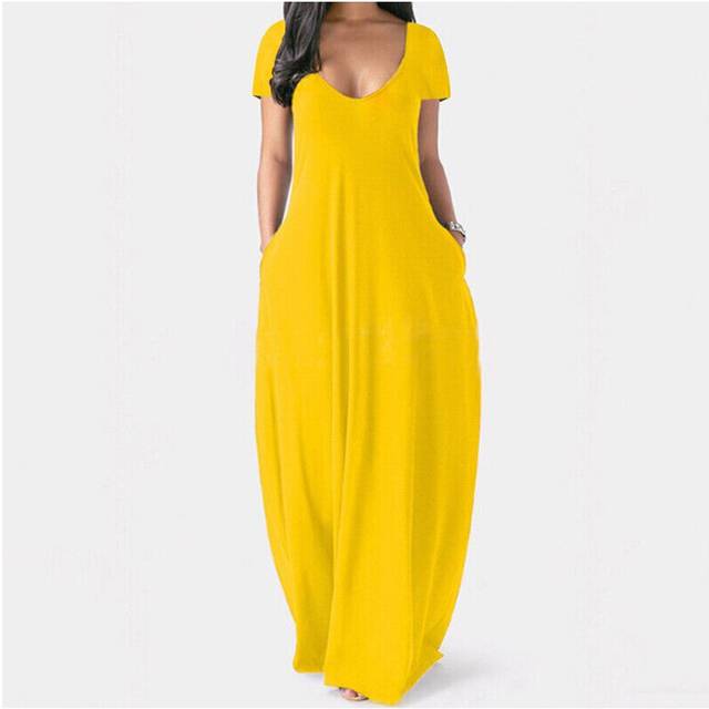 (Yellow, 4XL =UK SIZE 20) Plus Size Womens Short Sleeve V Neck Maxi Dress Ladies Casual Solid Pocket Dress