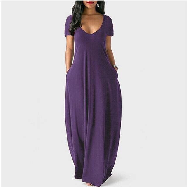 (Purple, XL=UK SIZE 14) Plus Size Womens Short Sleeve V Neck Maxi Dress Ladies Casual Solid Pocket Dress