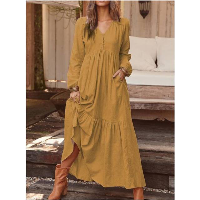 (Brown, L) Women Casual Cotton Linen Long Sleeve Ladies Loose Swing Solid Button Maxi Dress