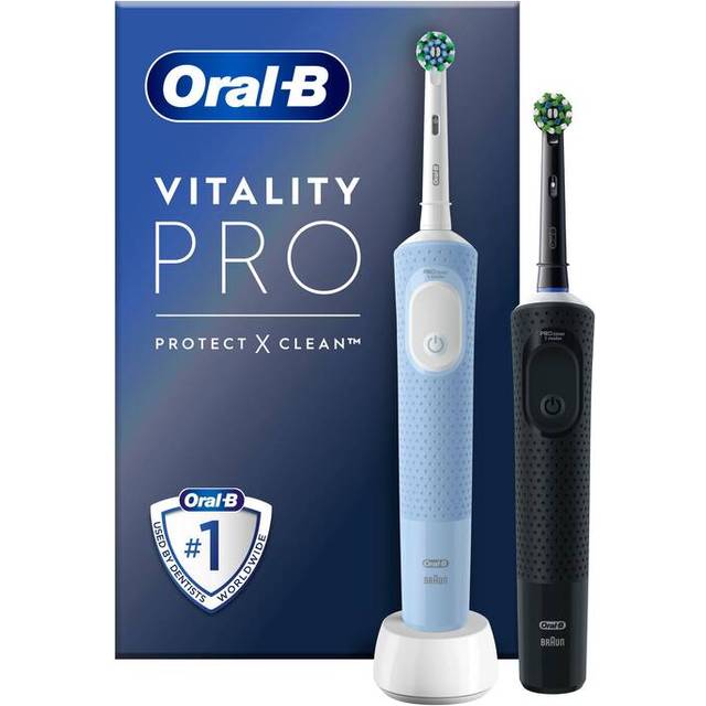 Oral-B Vitality Pro elektrisk tandborste/elektrisk tandborste, dubbelpack med 2 borstborstar, 3 rengöringslägen för tandvård, present man/kvinna, designad av brun, svart/lila