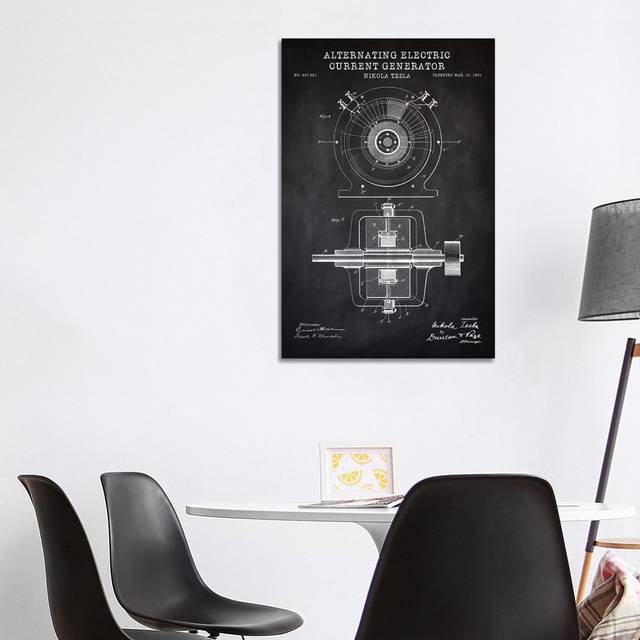 Tesla Alternating Electric Current Generator, Black by PatentPrintStore - Wrapped Canvas Graphic Art (101.6 cm H x 66.04 cm W x 3.175 cm D)