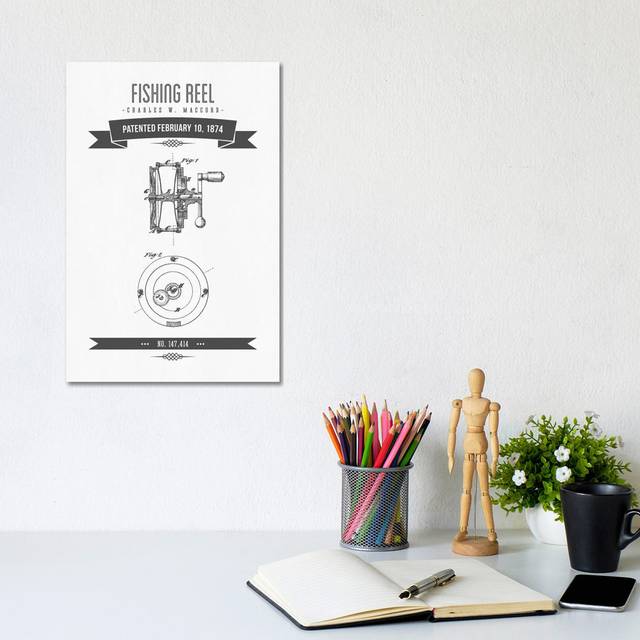 Charles W. MacCord Fishing Reel Patent Sketch Retro (Charcoal) by Aged Pixel - Wrapped Canvas Art Prints (20.32 cm H x 30.48 cm W)