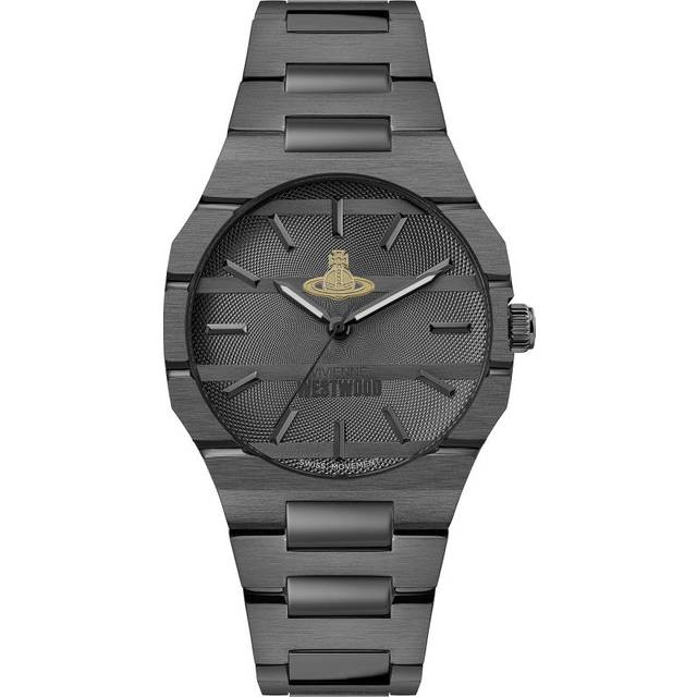 Vivienne Westwood Bank Unisex Quartz Watch with Dark Grey Dial and IPGUN Stainless Steel Bracelet, Grey, Men