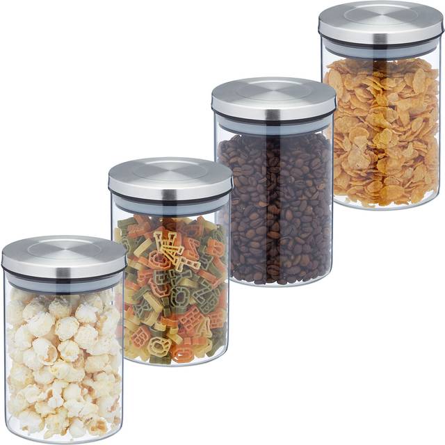 Relaxdays - Storage Jars in Set of 4, 750 ml Capacity, Steel Airtight Lids, Dry Food Storage, Glass, Transparent/Silver