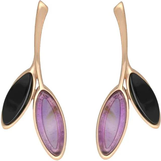 Rose Gold Plated Sterling Silver Whitby Jet Amethyst Leaf Drop Stud Earrings - Silver