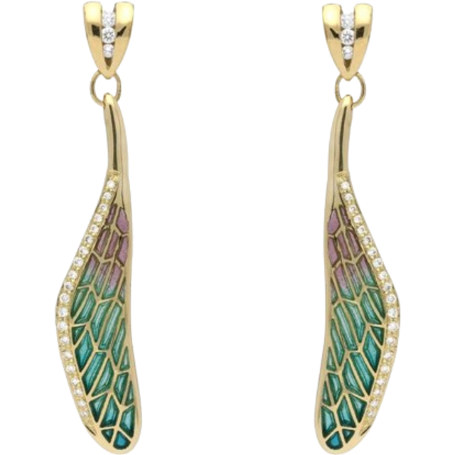 18ct Yellow Gold Diamond Enamel Style & Fashion Dragonfly Wing Stud Earrings D - Yellow Gold