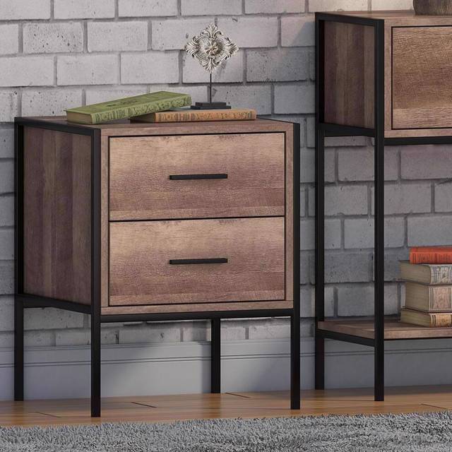 Loft Industrial 2 Drawer Bedside Table with Wood Effect and Black Metal Frame, Brown