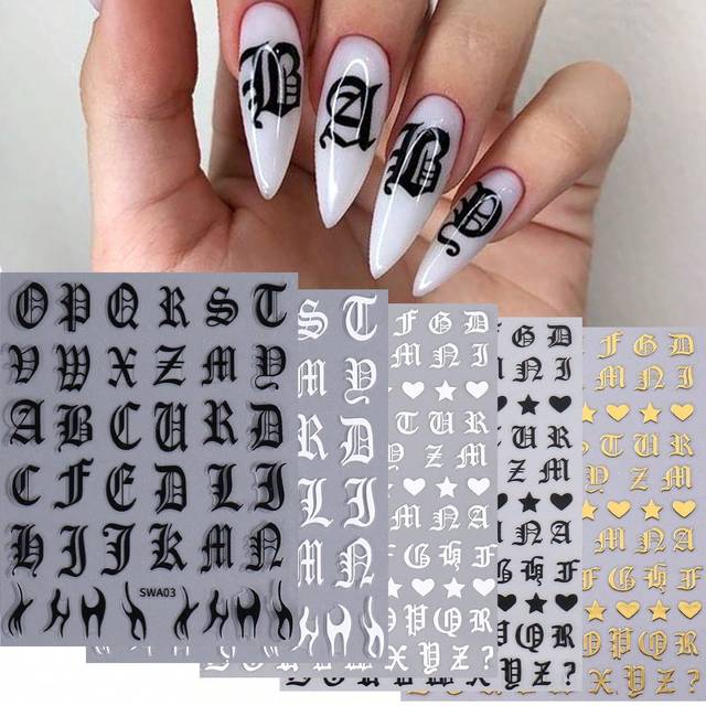 SHEIN 5pcs 3D Gothic Nail Art Stickers Decals Old Font English Alphabet Black White Gold Star Heart  Tattoo Design DIY Manicure Decoration Nail Supplies