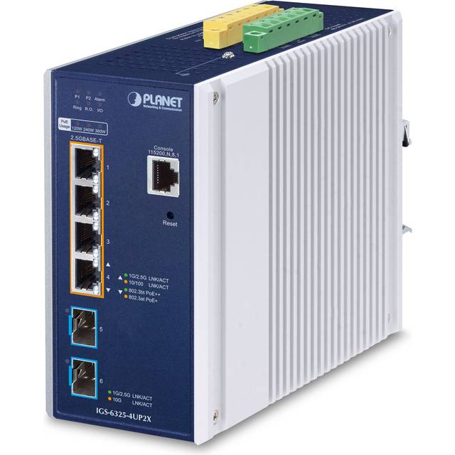 Planet IGS-6325-4UP2X IP30 DIN-rail Industrial L3 4-Port 2.5GBASE-T 802.3bt PoE + 2-Port 10G SFP+ Full Managed Switch