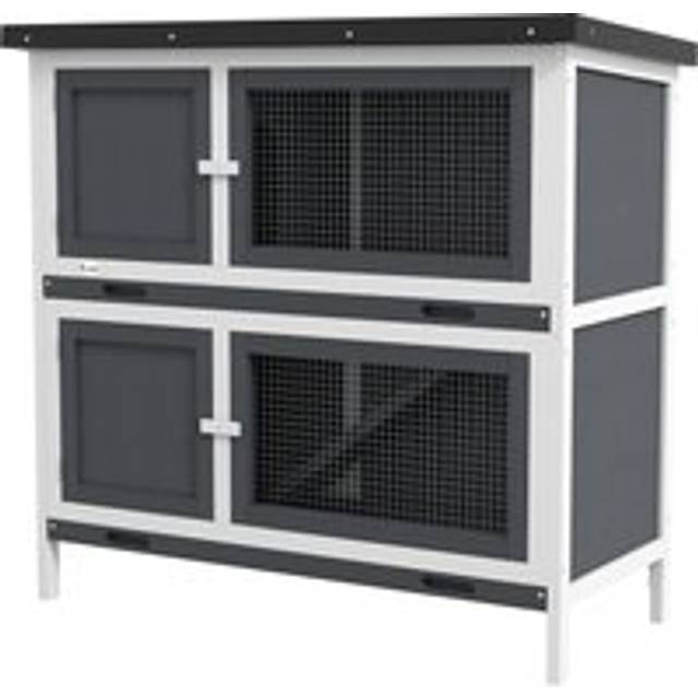PawHut Double Decker Rabbit Hutch 2 Tier Guinea Pig House Pet Cage Outdoor with Sliding-out Tray, 100x47x91cm, Grey