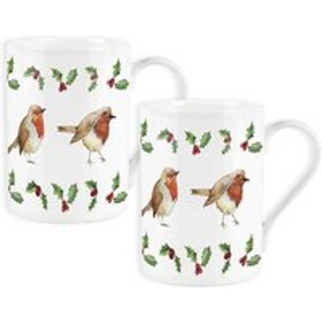 Purely Home Small Robins & Holly Bone China Mugs - Set Of 2, Multi