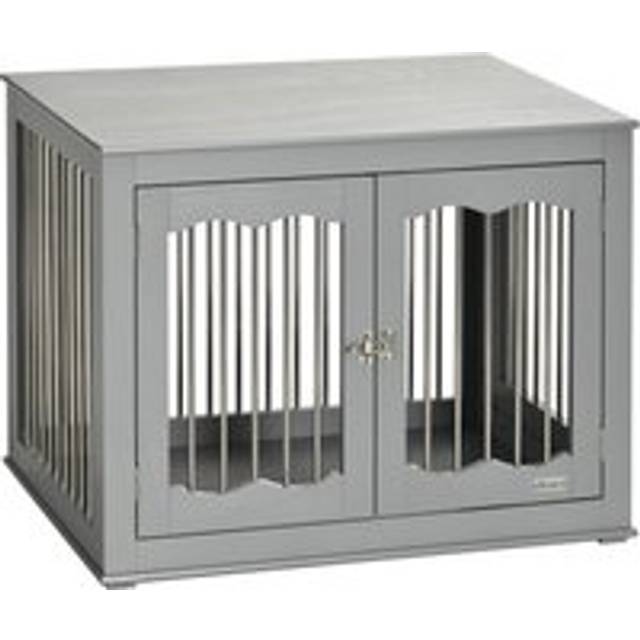 Pawhut Dog Crate End Table With Three Doors, Furniture Style Dog Crate For Medium Dogs With Locks & Latches, Grey