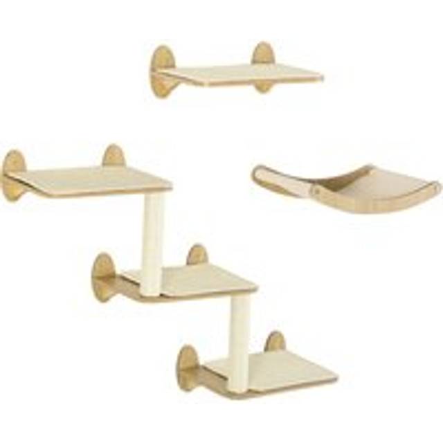 Pawhut 3pcs Wall Mounted Cats Shelves, Cat Climbing Shelf Set, Kitten Activity Center With Jumping Platforms Hammock Scratching Post, Oak