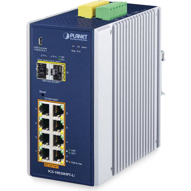 Planet IGS-10020HPT-U IP30 Industrial L2+/L4 8-Port 1000T 802.3at PoE + 2-Port 1G/2.5G SFP Full Managed Switch